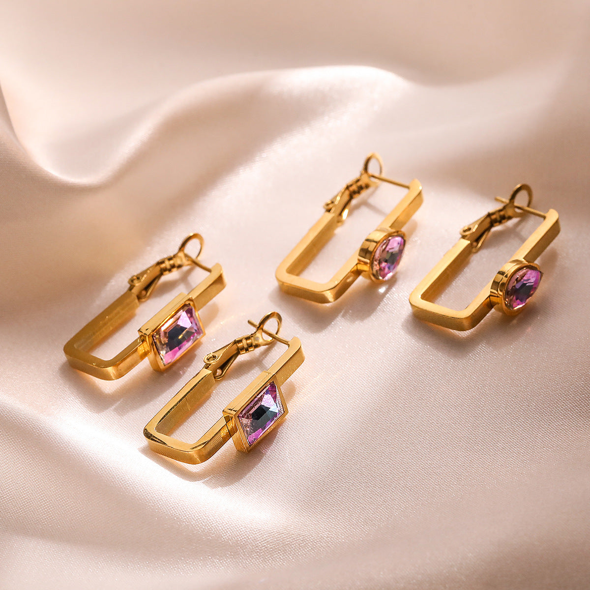 Minimalist Geometric Titanium Steel Earrings for Women with Rhinestone Inlay and Gold Plating