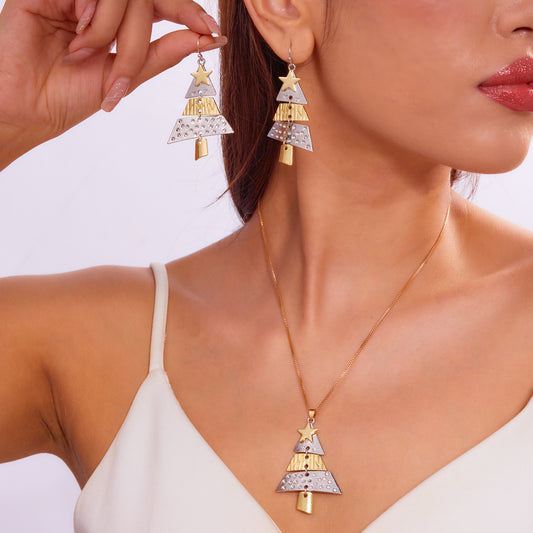 Fashionable Geometric Alloy Christmas Tree Long Earrings Set with Plated Finish for Women