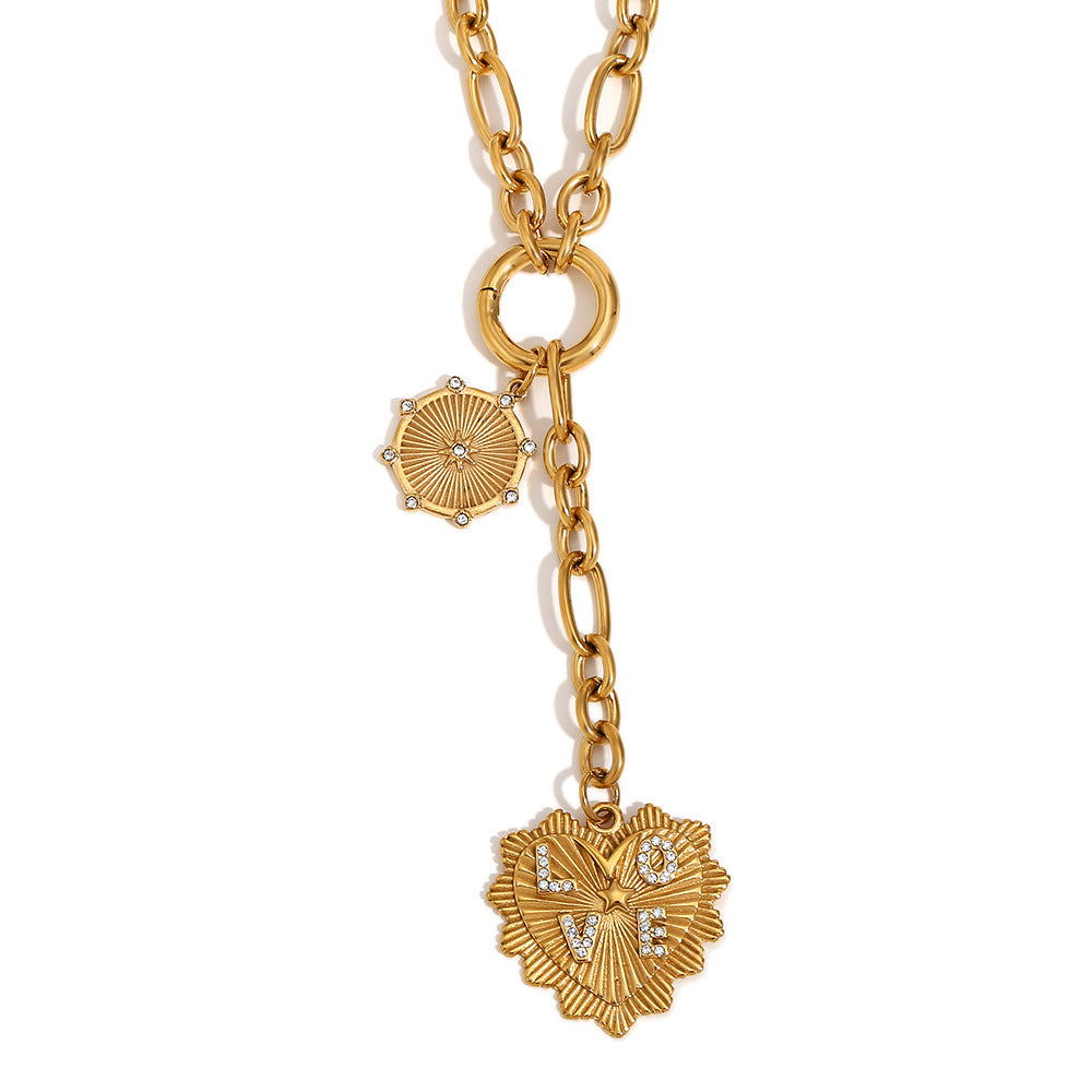 Collana girocollo con ciondolo a cuore in acciaio inossidabile minimalista placcato oro 18 carati e nappe pendenti su catena O-ring