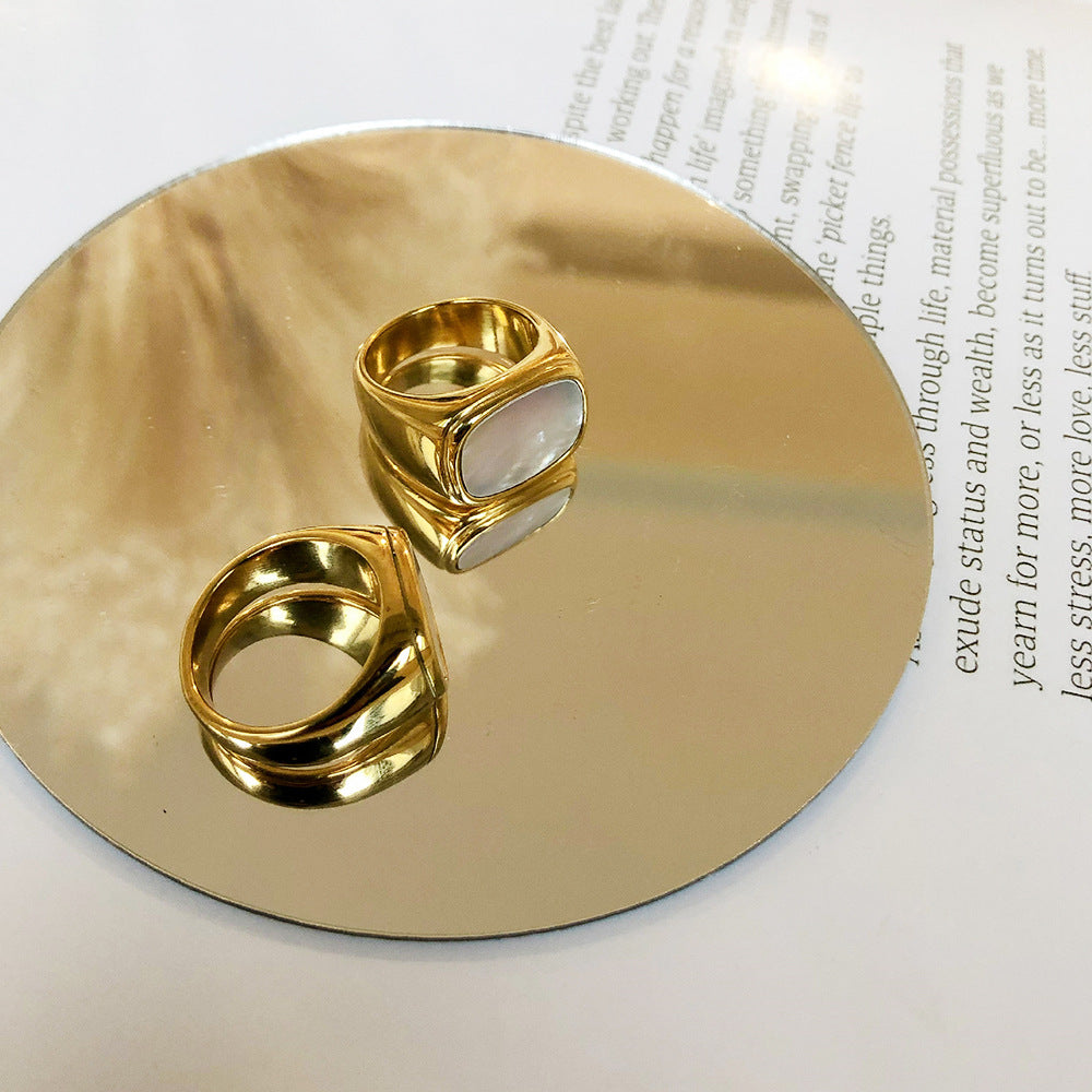 Minimalist Rectangular White Wedding Ring in Stainless Steel with 18K Gold Vacuum Plating for Women