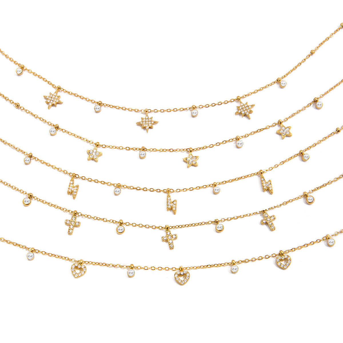 Collana Minimalista in Acciaio al Titanio a Forma di Cuore e Stella da Donna con Intarsio di Strass e Finitura Placcata