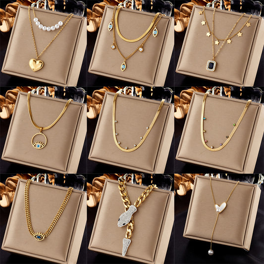 Collar Minimalista de Doble Capa con Colgante de Corazón y Colgantes Cuadrado con Incrustaciones de Diamantes de Imitación y Redondo de Perla en Cadena de Acero Inoxidable