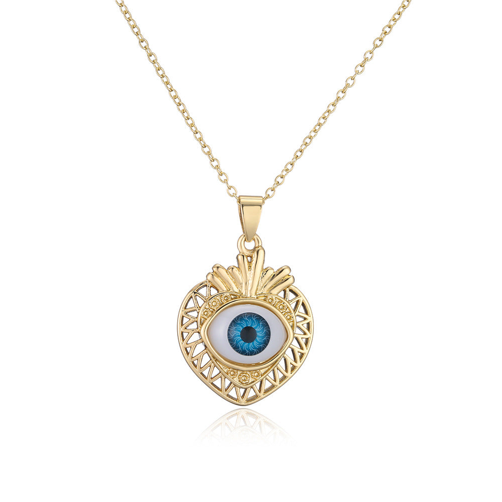 18K Gold Plated Brass Geometric Evil Eye Pendant Necklace with Cubic Zirconia Inlay on Cable Chain