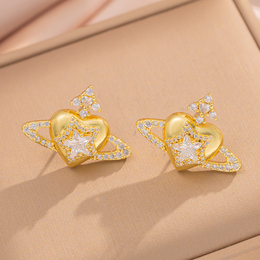 Luxury Minimalist Saturn-Shaped Gold-Plated Copper Stud Earrings for Women with Full Rhinestone Inlay