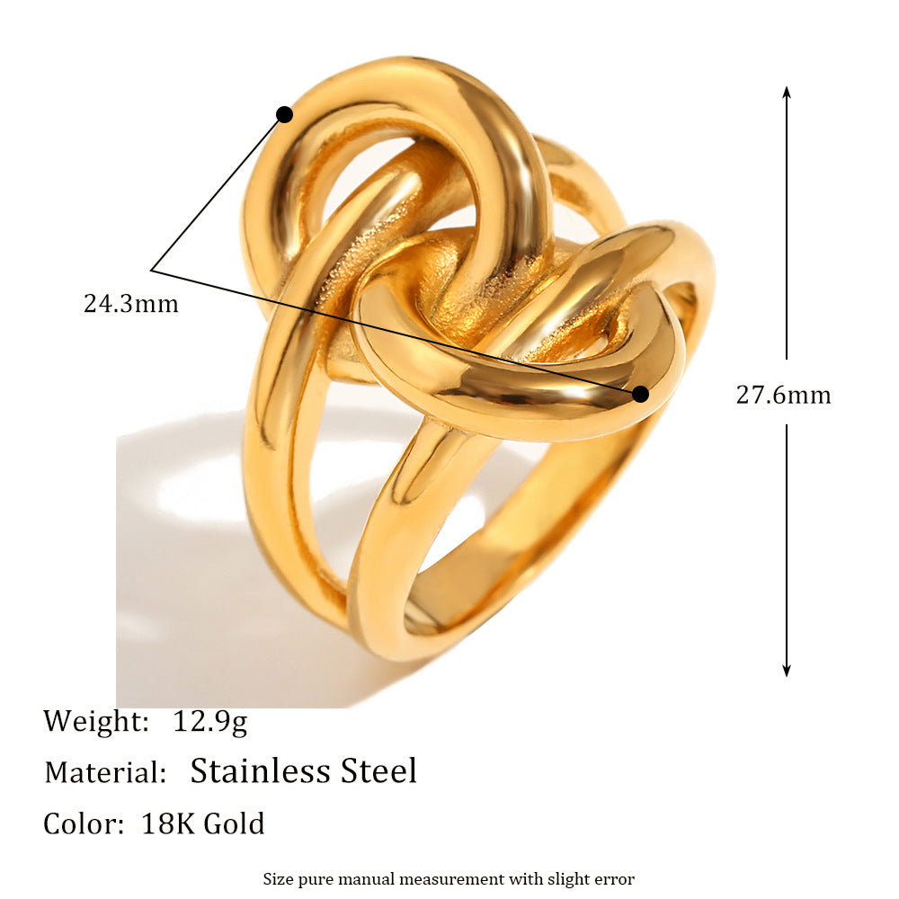 Fashionable Minimalist Geometric Stainless Steel Ring with 18K Gold Plating Double-Knotted Twisted Design for Women