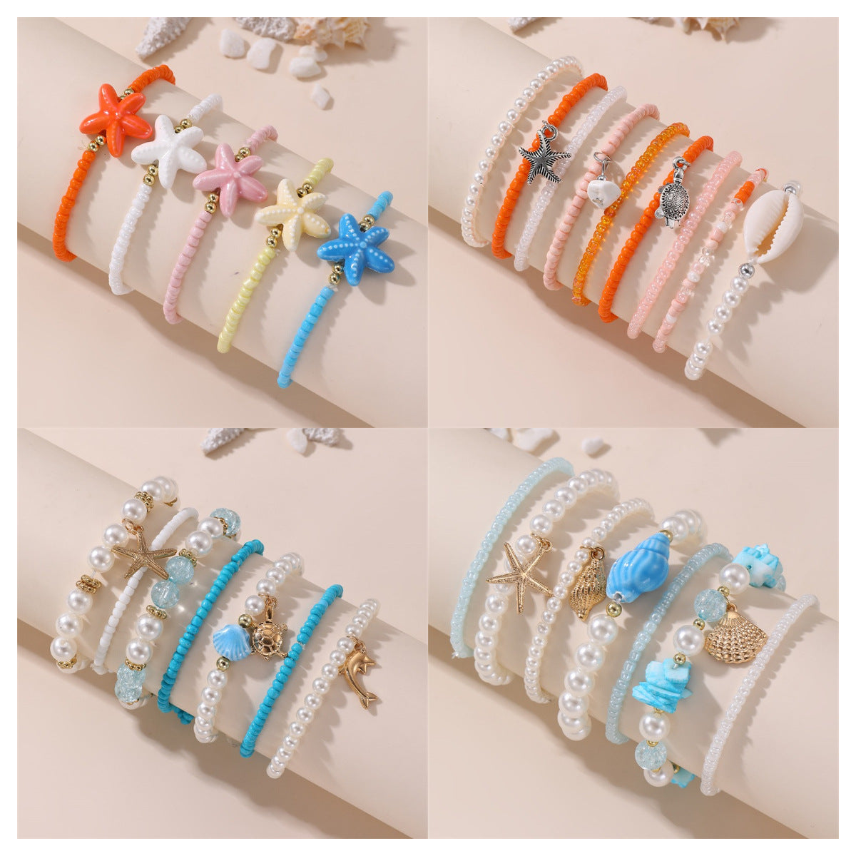 Pulsera de cristal con forma de estrella de mar, minimalista, para niñas, con acabado artesanal y diseño inspirado en el océano.