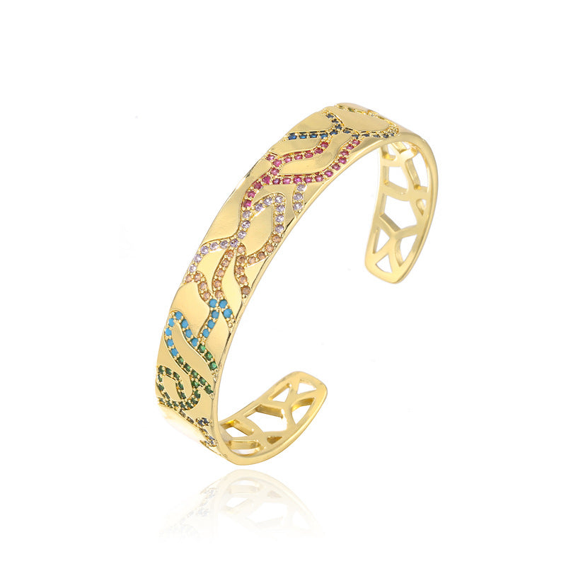 Geometric Brass Micro-Inlaid Cubic Zirconia Gold Plated Open Cuff Bracelet