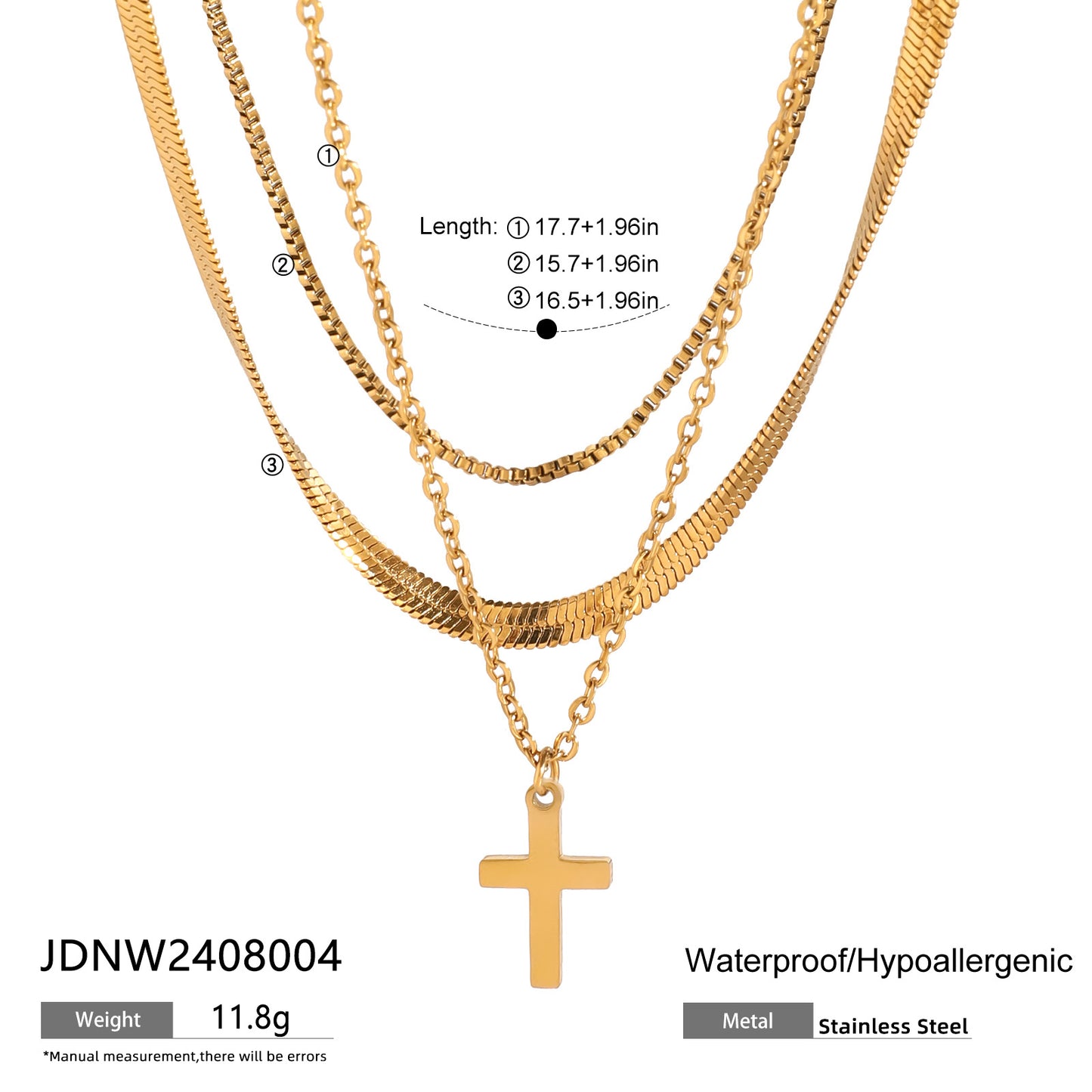 Collana Pendente Croce Minimalista da Donna in Acciaio Inossidabile con Pendente in Acciaio al Titanio e Finitura Placcata su Catena a Serpente