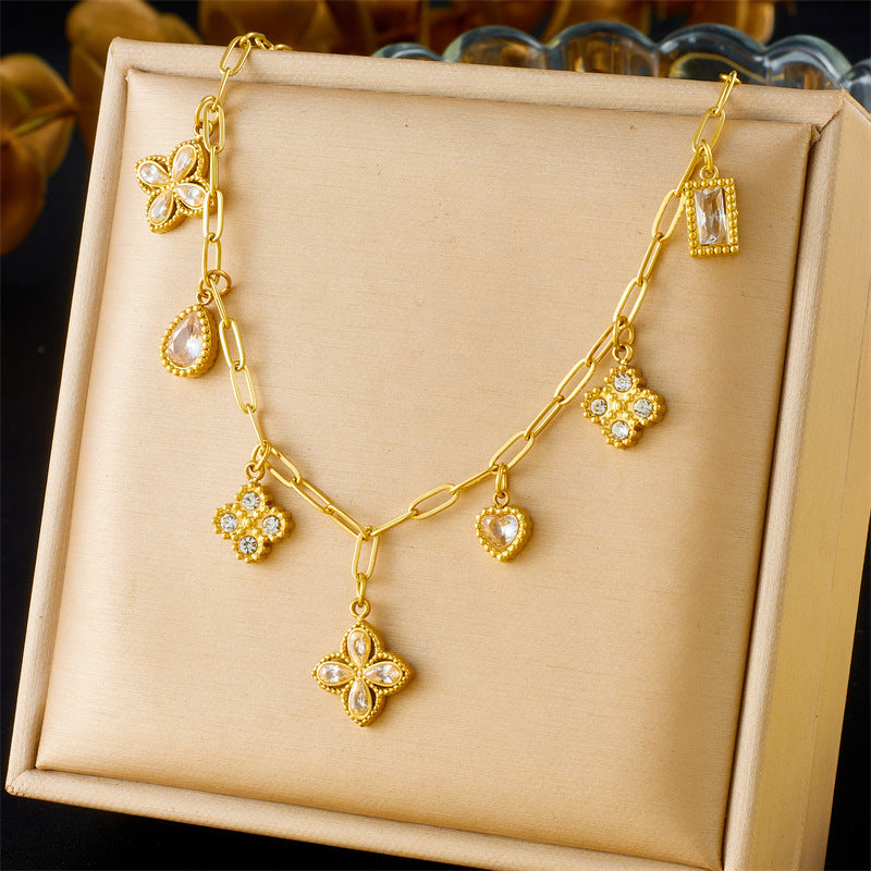 Vintage Elegant Rhinestone Teardrop Floral Geometric Plated Stainless Steel Pendant Necklace for Women