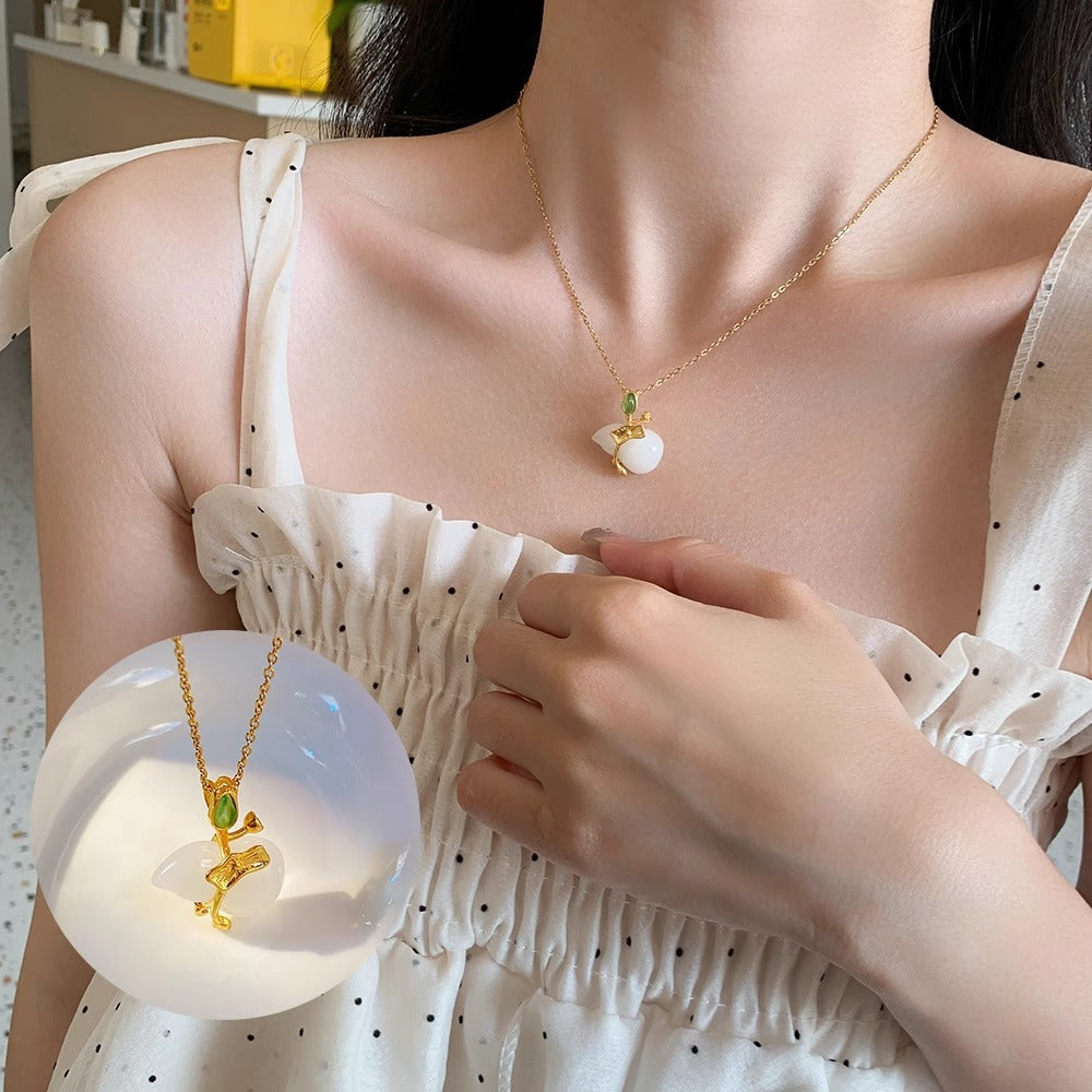 Vintage Floral Lotus and Gourd Jade Pendant Necklace in Titanium Steel with Plated Finish on O-Chain for Unisex Wear
