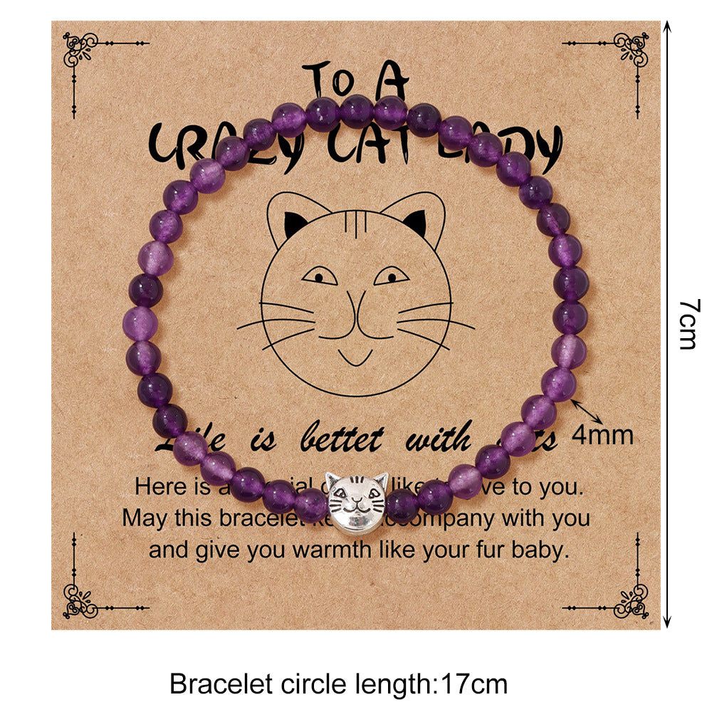 Amethyst Crystal Cat Bracelet for Women Handmade Elastic Bangle