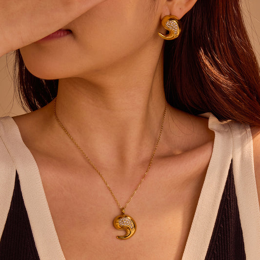 Fashionable Teardrop-Shaped Stainless Steel Necklace with Zircon Inlay and 18K Gold Plating for Women
