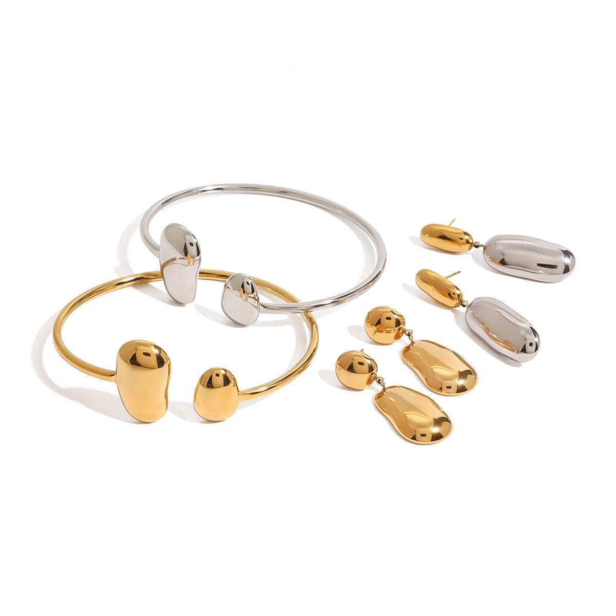 Set di bracciale e orecchini a goccia in acciaio inossidabile asimmetrico e minimalista con finitura placcata