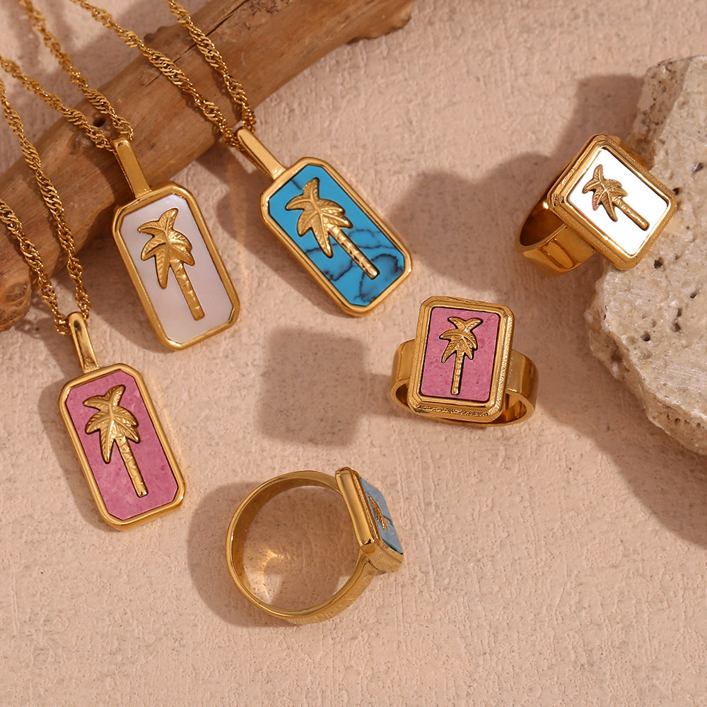 Fashionable Geometric Stainless Steel Plated 18K Gold Pendant Necklace with Mother-of-Pearl and Coconut Tree Design for Women