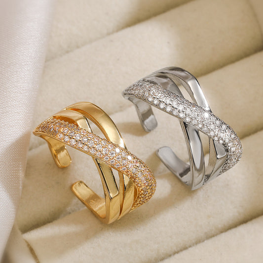 Minimalist Geometric Open Ring for Women in Copper with 18K Gold Plating and Zircon Inlay
