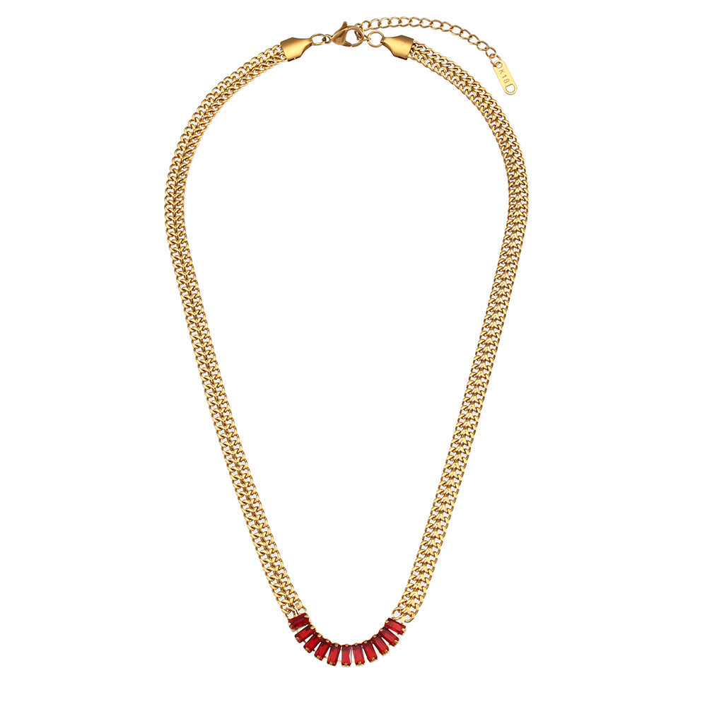 Minimalist Geometric Cuban Link Necklace with Zirconia Pendant and Stainless Steel Chain for Women