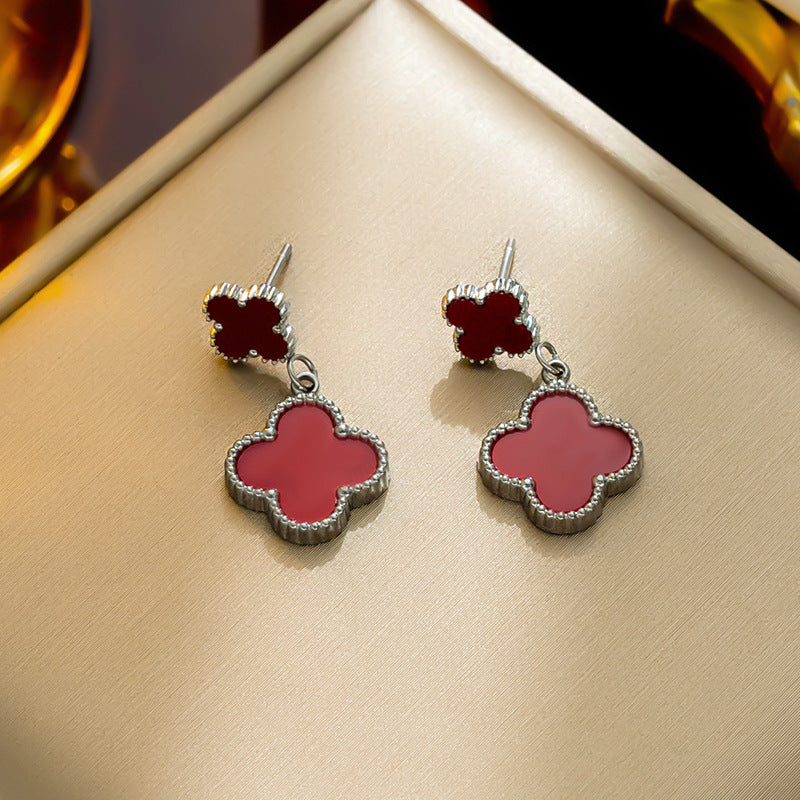 Minimalist Four-Leaf Clover Dangle Stud Earrings in Titanium Steel with Electroplated Finish for Women