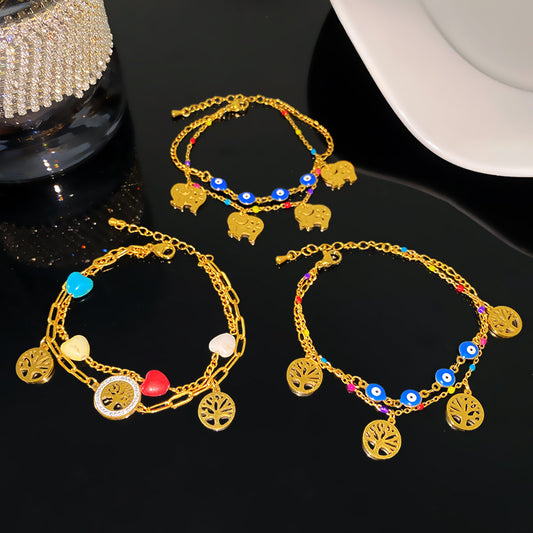 Unique Blue Eye Tree of Life Double Layer Titanium Steel Bracelet with Cute Elephant and Plant Pendant