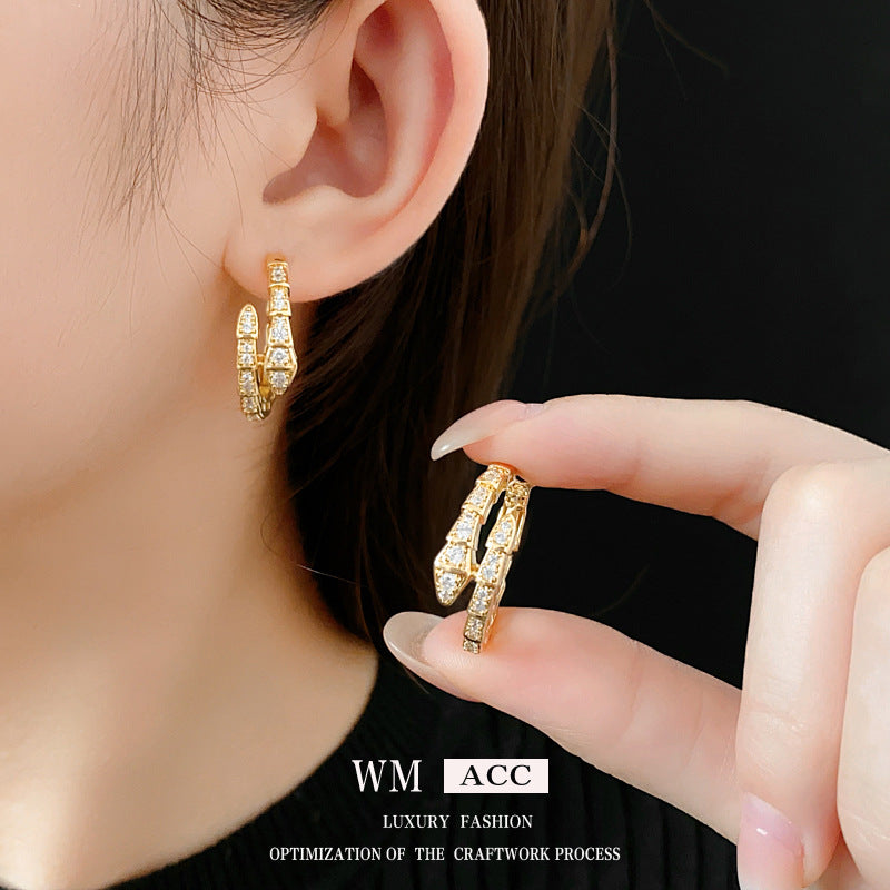 Chic Snake-Shaped Zirconia-Set Gold-Plated Copper Hoop Earrings for Women with Stainless Steel Posts