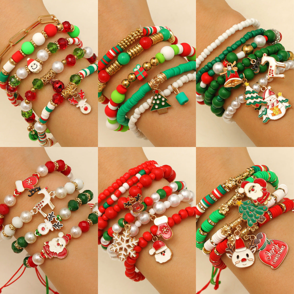 Set di braccialetti natalizi in argilla polimerica fatti a mano con perline alfabetiche, ciondoli a forma di fiocco di neve, renna e Babbo Natale, elastici, regalo per le festività natalizie