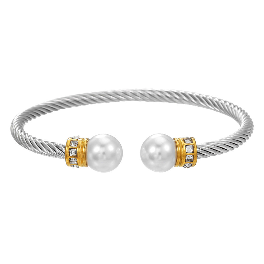 Geometric Round Stainless Steel Cable Chain Bracelet with Rhinestone and Pearl Inlay for Women