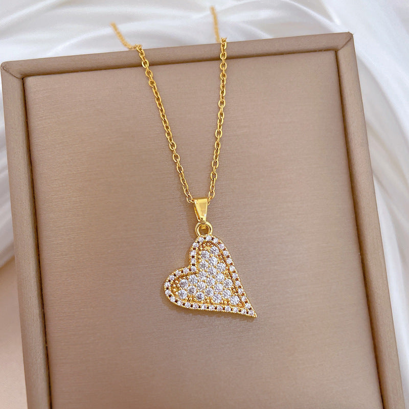 Sweet Minimalist Hollow Heart Geometric Rhinestone Plated Titanium Steel Necklace for Unisex