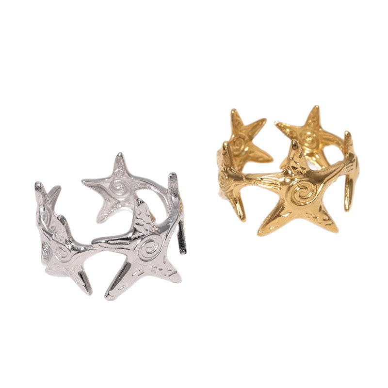 Minimalist Star-Shaped Stainless Steel Ring with 18K Gold Plating Adjustable Open Band Women's Fashion Jewelry