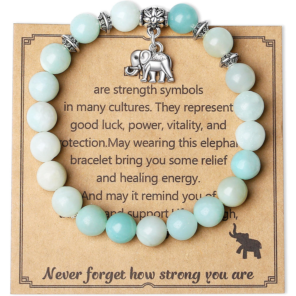 8mm Natural Stone Charm Bar Bracelet with Elephant Amethyst Amazonite Rose Quartz Fluorite Unisex Handmade Jewelry