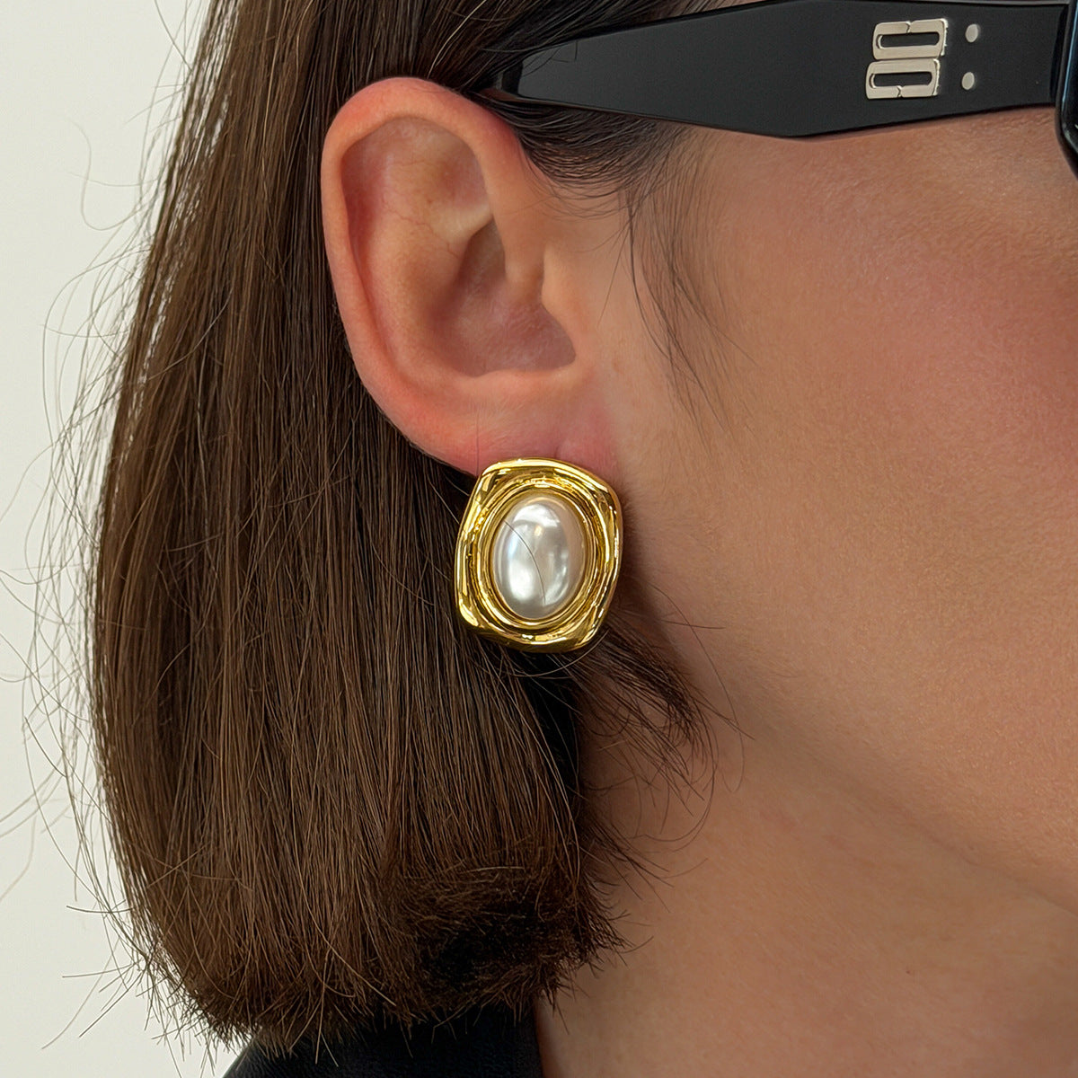 Vintage Geometric Square Oval Pearl Inlay Plated Stainless Steel Earrings for Women