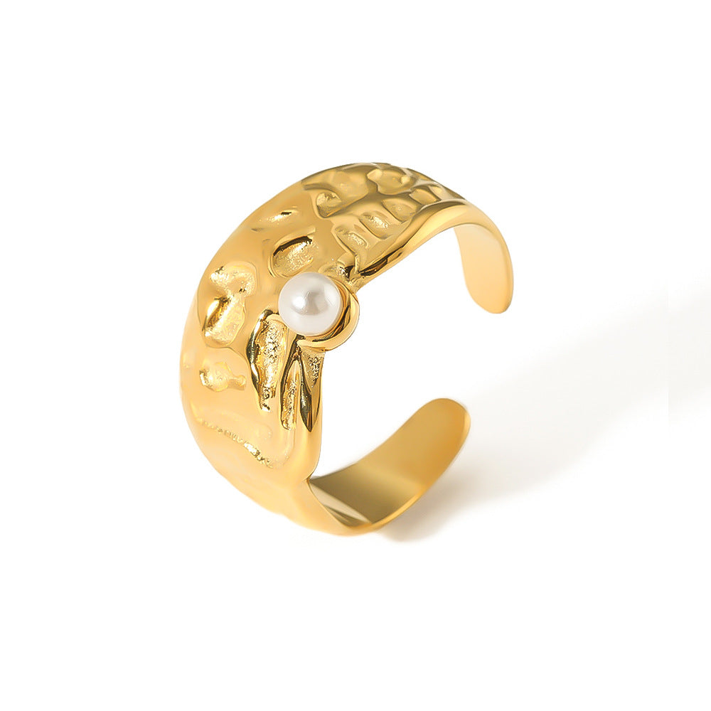 Minimalist Geometric Lava Pearl Ring in Stainless Steel with 18K Vacuum Plating, Adjustable Open Band