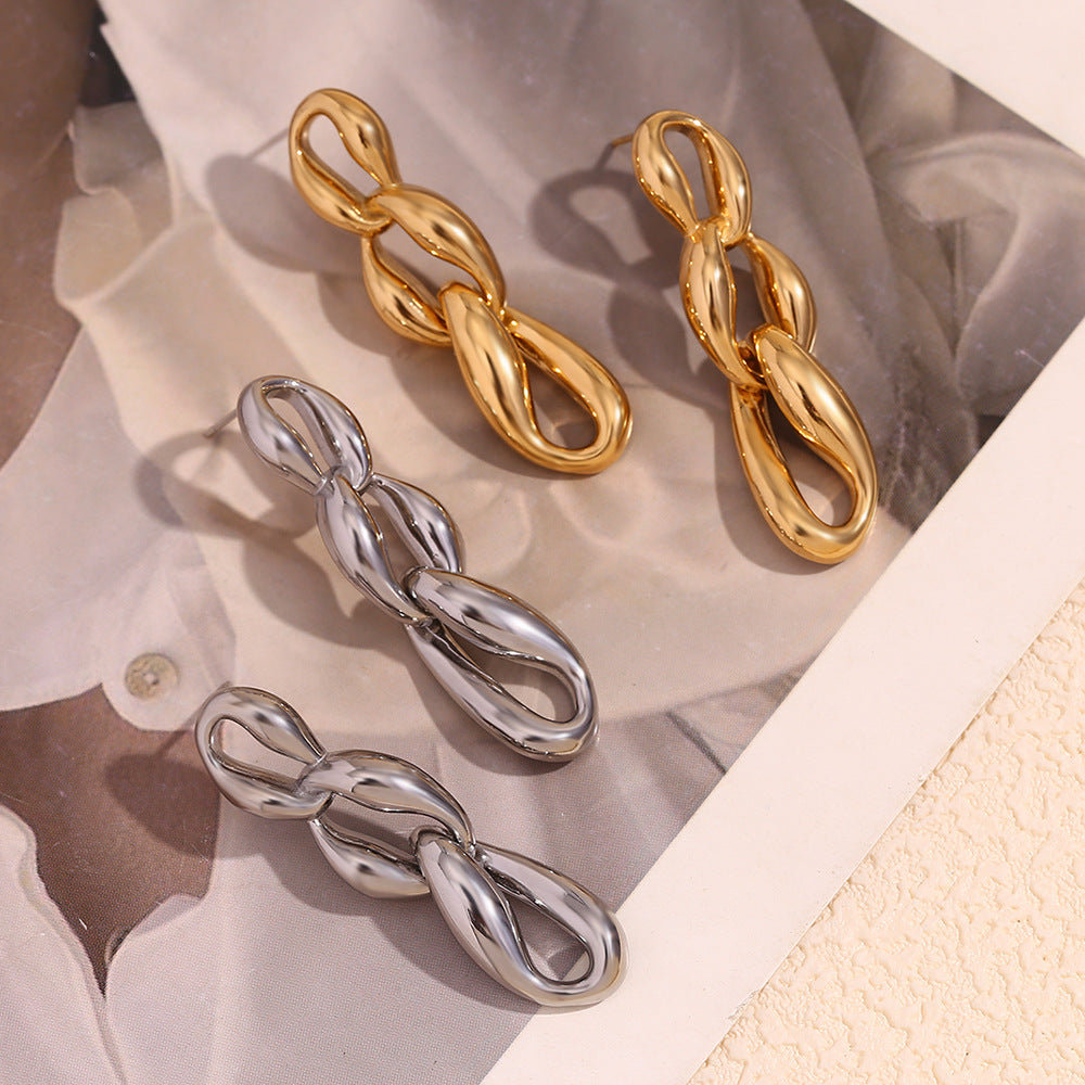Minimalist Modern Geometric Irregular Three-Ring Chain Earrings in Stainless Steel with 18K Gold Plating