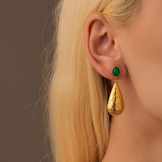 Fashionable Water-Drop-Shaped Stainless Steel Stud Earrings with Natural Stone Inlay and Plated Finish for Women