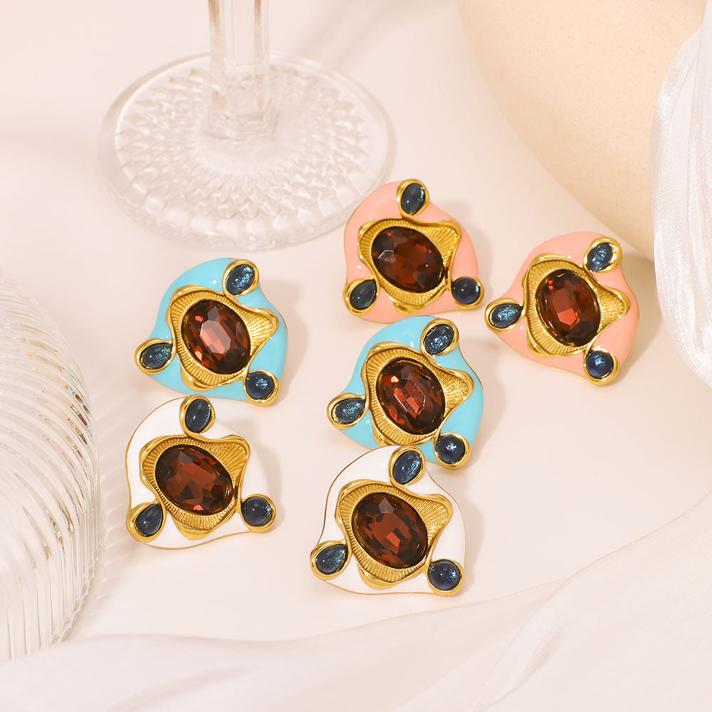 Orecchini da donna in acciaio inossidabile placcato oro 18 carati con zirconi colorati, design geometrico irregolare in stile vintage