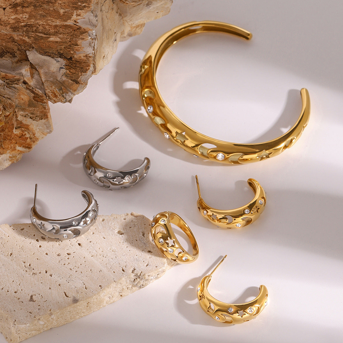 Elegant Geometric Rhinestone Inlay Plated Stainless Steel Hoop Earrings for Women