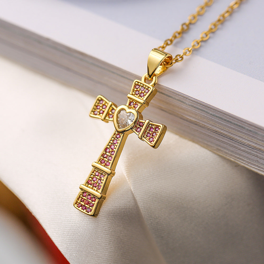 Geometric Cross Pendant Necklace for Women Made of Copper with 18K Gold Plating and Zircon Inlay