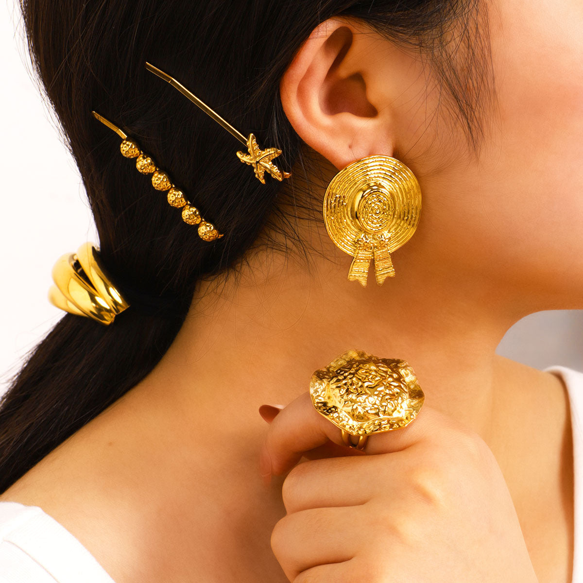 Geometric Textured Open Ring for Women in Stainless Steel with 18K Gold Plating, Matching Earrings Set
