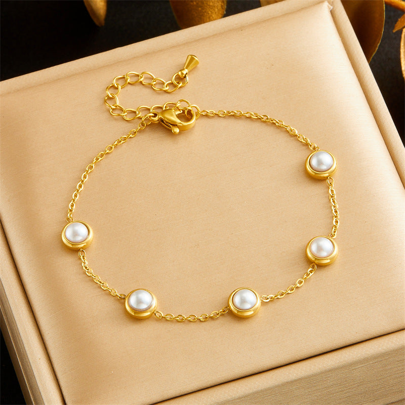 Set collana orecchini bracciale a catena a scatola in acciaio inossidabile con perle rotonde, stile vintage