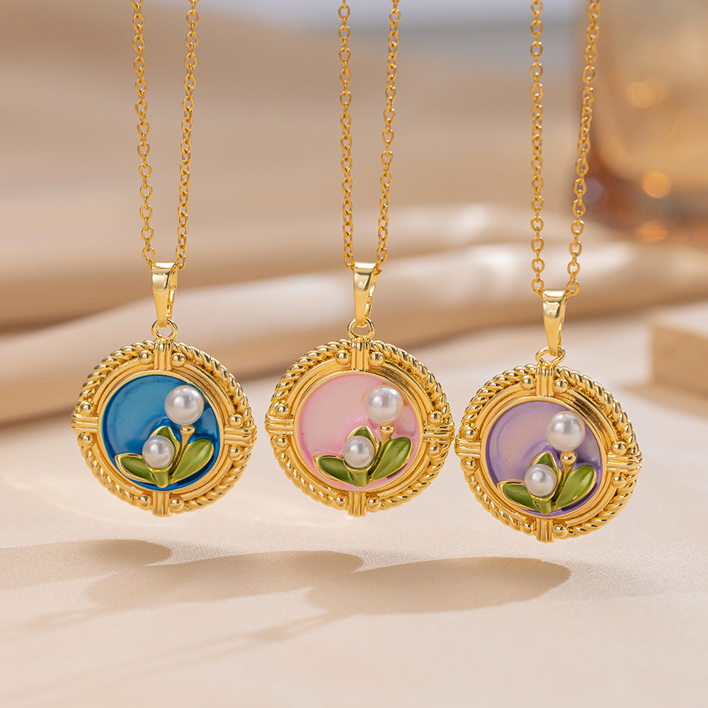 Elegant Floral Pendant Necklace for Women in Titanium Steel with Enamel Tulip Rose and Camellia Design on O-Chain