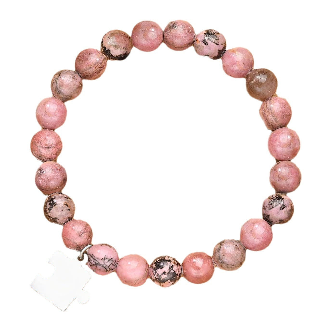 Pink Zebra Print Stainless Steel Puzzle Charm Bracelet with Black Thread and Red Pattern Beads Handmade Unisex Gift