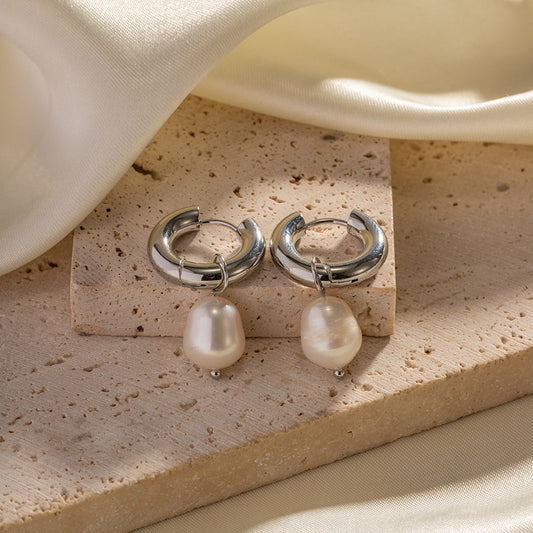 Orecchini da donna minimalisti geometrici in acciaio inossidabile con pendente in perla naturale d'acqua dolce