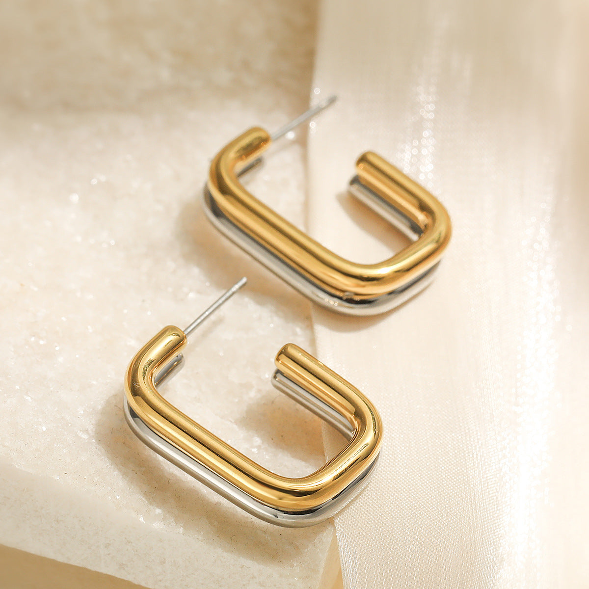Minimalist Geometric Stainless Steel Earrings for Women with Dual-Tone Plated Finish Irregular Shape Fashionable Everyday Jewelry