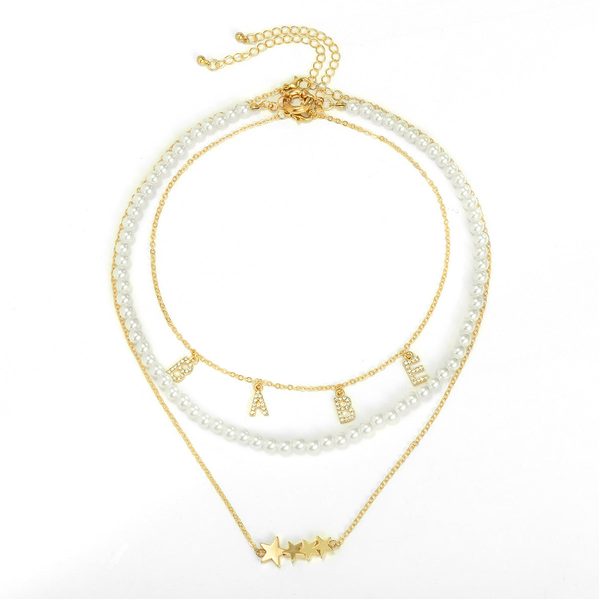 Collana da donna personalizzata con nappa a forma di stella geometrica, lettera e strass, perle sintetiche e catena di perline