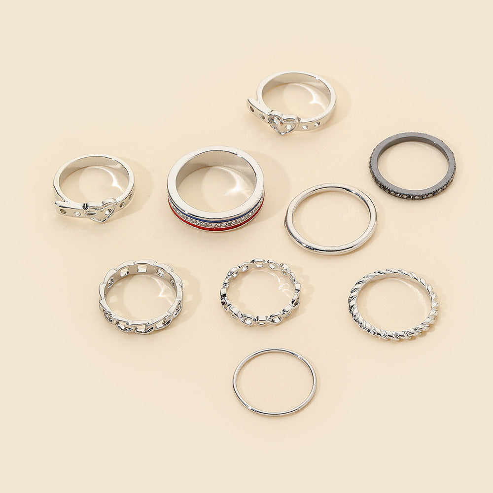 Minimalist Casual Geometric Heart Alloy Ring Set with Rhinestone and Drip Oil Detail