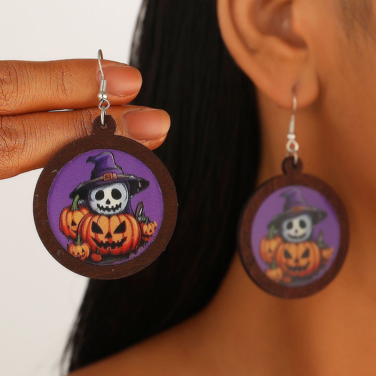 Pendientes geométricos con temática de Halloween, con motivos de calabazas y fantasmas impresos, pendientes de madera de Halloween para mujer