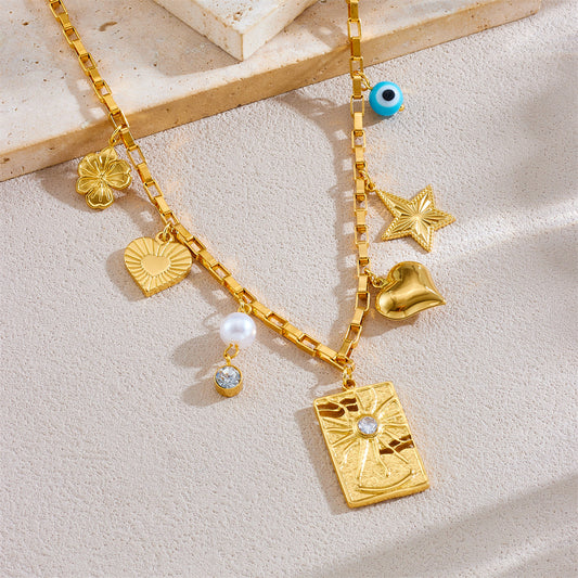 Personalized Geometric Sun Heart Star Eye Pendant Necklace with Gold Plating on Stainless Steel Box Chain for Women