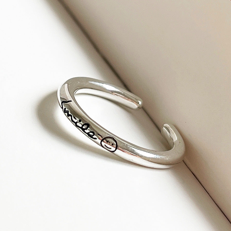 Anello a fascia aperta in argento sterling 925 con sorriso, vintage, retrò, gioiello geometrico con viso per donna
