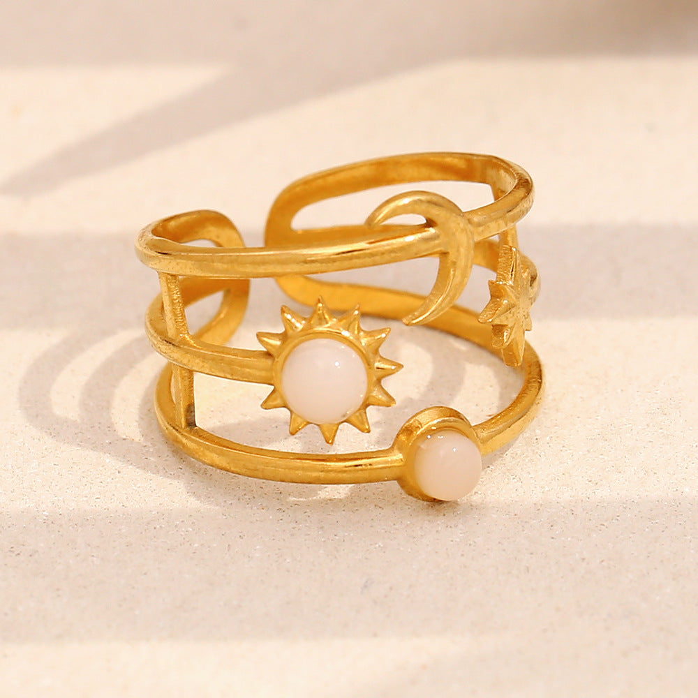 Elegant Moon and Sun Open Ring in Stainless Steel with 18K Gold Plating Geometric Design for Women