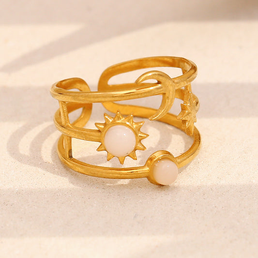 Elegant Moon and Sun Open Ring in Stainless Steel with 18K Gold Plating Geometric Design for Women
