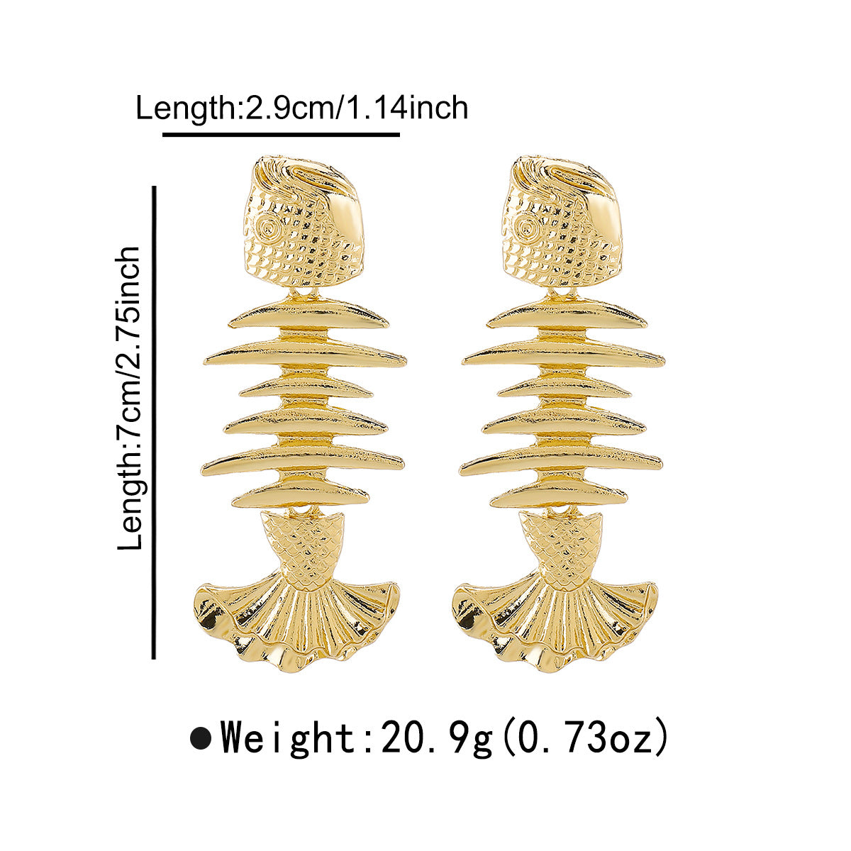 Orecchini in Lega a Forma di Pesce in Stile Vintage con Placcatura in Oro, Pendenti Lunghi con Motivo a Lisca di Pesce e Design Naturale