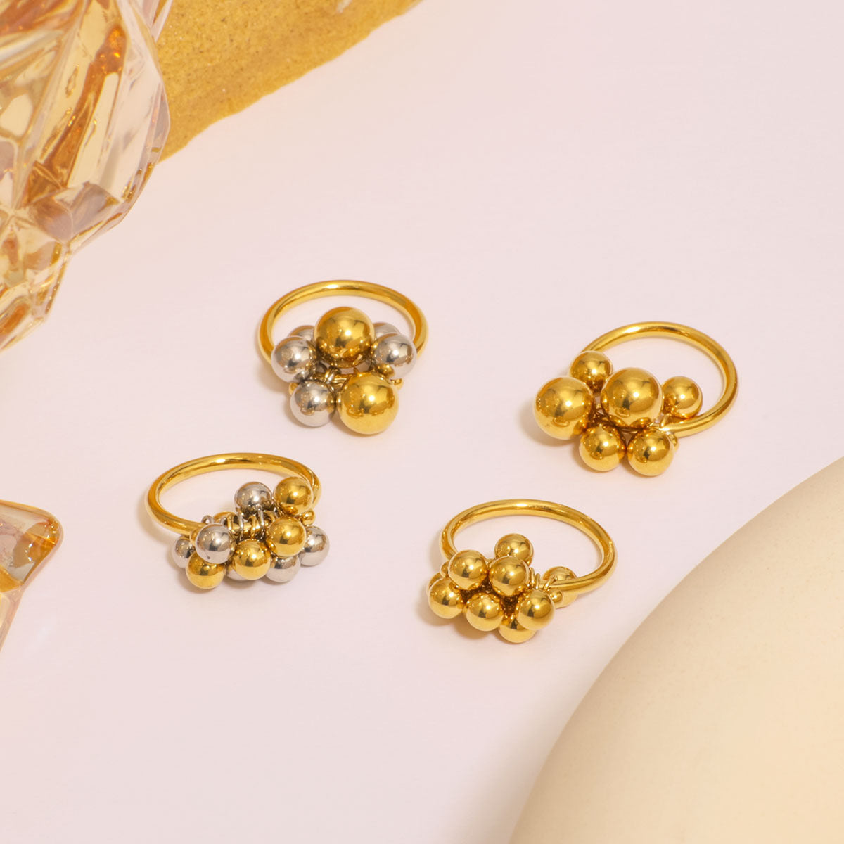 Minimalist Geometric Stainless Steel Ring with Asymmetrical Grape Cluster Design and 18K Gold Plating for Women